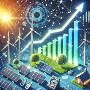 Imagen que representa las tendencias de inversión en energías renovables en España, con paneles solares, turbinas eólicas y un gráfico en ascenso, simbolizando el crecimiento en el sector de energías limpias y las oportunidades financieras.